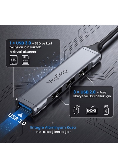 Veggieg 4 Portlu Usb-a To Usb 3.0 + 3 Usb 2.0 Çoklayıcı Dönüştürücü Usb Hub