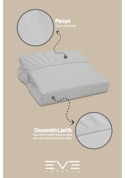 Eve Tekstil Fitted Yüksek Kaliteli Penye Kumaş Çift Kişilik Lastikli Çarşaf Açık Gri