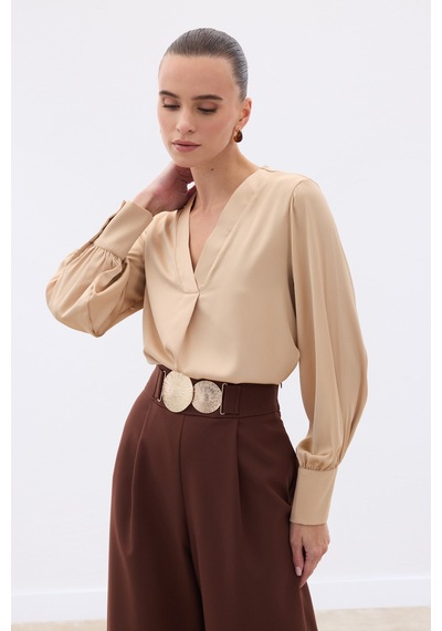 Sateen V Yaka Saten Bluz - Camel-130513 CAMEL