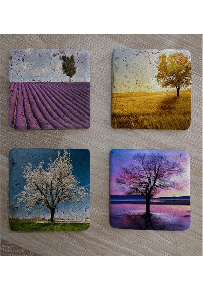 Tek Ağaçlı Manzaralar Doğal Taş Bardak Altlığı 4'lü Set - Natural Stone Coasters-174257 Mor