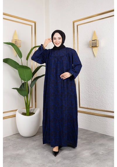 Nevayla Moda Robalı Desenli Viskon Elbise - Mavi / E0126 Mavi