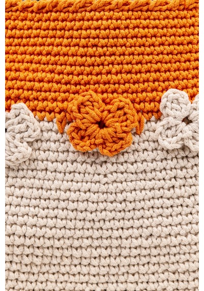 Fabric Craft Bag Omuz Çantası Merserize Pamuk İpli Çiçek Detaylı Turuncu - Beyaz