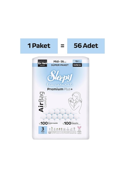 Sleepy Bio Natural Premium Plus Airbag Comfort Süper Paket Bebek Bezi 3 Numara Midi 56 Adet 0 Numara