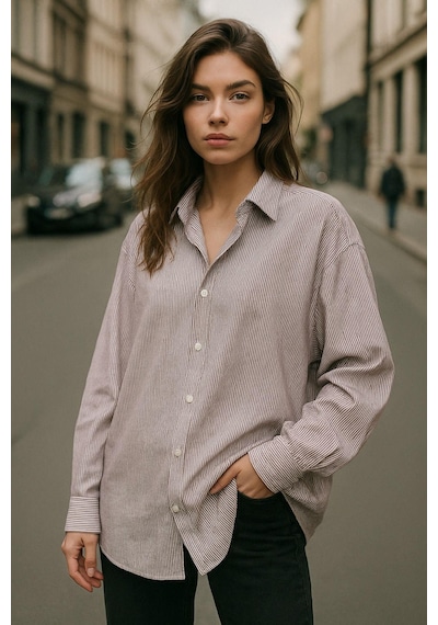 Rich Kadın Bordo Çizgili Beyaz Oversize Gömlek Over Fit Relaxed Gömlek Çok Renkli