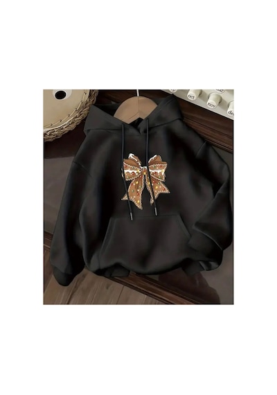 Herkesemoda Kurdele Baskı Detaylı İçi Polarlı Kapüşonlu Sweatshirt Siyah