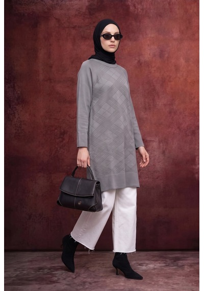 Armine Trend Geometrik Desenli Bisiklet Yaka Uzun Kollu Rahat Kesim Tunik Gri 26ktd411