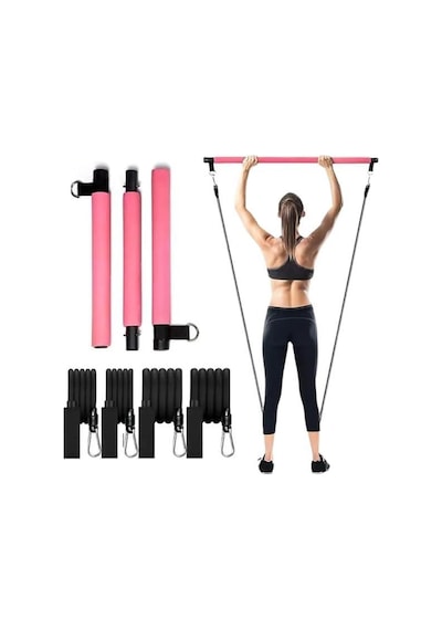 Valkyrie 4 Lastikli 1. Kalite Pilates Bar Egzersiz Çubuğu Ayarlanabilir Zorluk Evde Spor Squat Kademeli Çantalı Kolay Kurulum Pembe