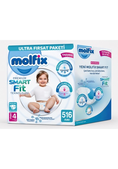Molfix Premium Smart Fit Bebek Bezi 4 Beden 7-14 Kg Maxi 516 Adet 4 Numara