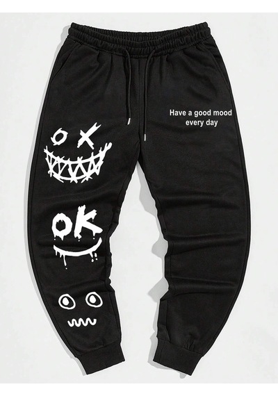 Cartoon & Slogan Graphic Drawstring Waist Eşofman Altı Siyah