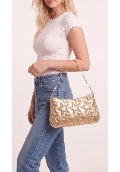 Esvelans Yıldız Desenli Zincir Askılı Portföy El Kol Ve Omuz Çantası Astarlı Clutch Çanta Altın Gold