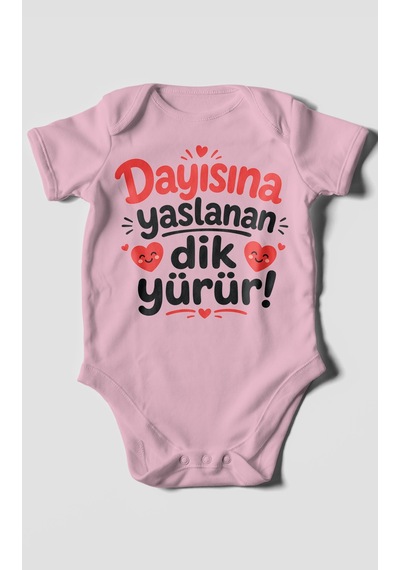 Morivokids Dayısına Yaslanan Dik Yürür Kısa Kollu Bebek Body %100 Pamuk Zbn254-kk Koyu Pembe