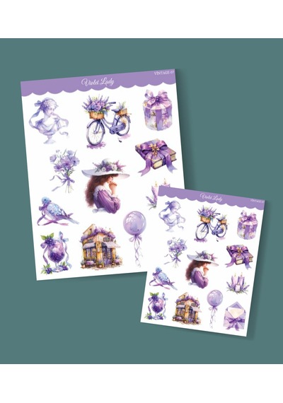 Violet-mor Lady- Ajanda Defter Süsleme-vintage Sticker Set Mat Kağıt-2li Etiket Seti-journal Süsleme Beyaz