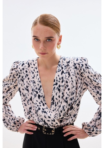 Sateen Kruvaze Bodysuit Bluz - Ekru-136748 Ekru