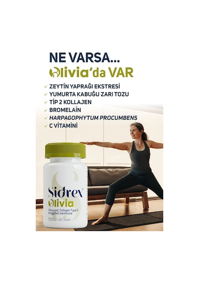 Sidrex Olivia Zeytin Yaprağı Eki Tip 2 Kolajen Yumurta Kabuğu Zarı İçeren Takviye Edici Gıda 60 Tablet