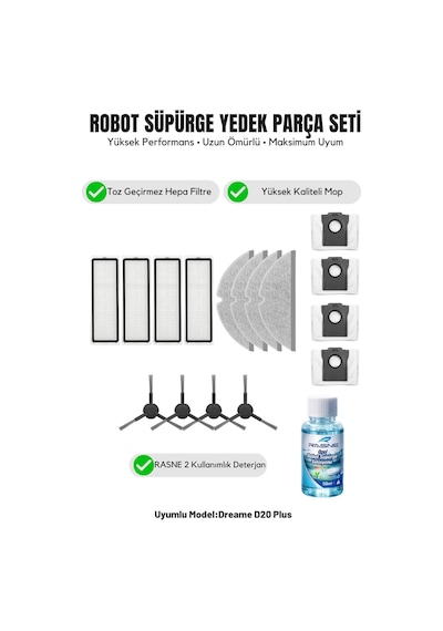 Dreame D20 Plus İle Uyumlu 4 Yan Fırça 4 Filtre 4 Mop 1 Deterjan 4 Toz Torbası 6.0