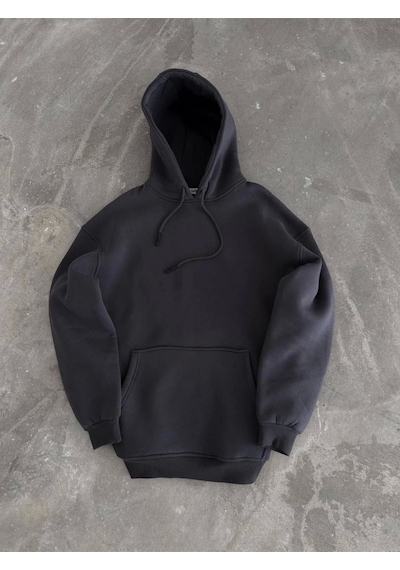 Kapşonlu Üç İplik Penye Basic Sweatshirt - Füme