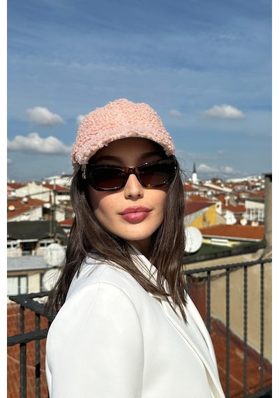 Mollycrush Kadın Teddy Dokulu Kışlık Kadın Vizör Şapka Yumuşak Kuzu Kürk Görünümlü Model Pembe