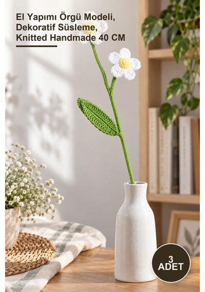 3 Adet El Örgüsü Papatya El Yapımı Örgü Modeli, Dekoratif Süsleme, Knitted Handmade 40 Cm