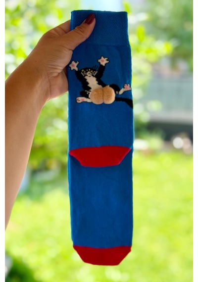 Lousocks Unisex Lacivert Sırtüstü Kedi Desenli Ponpon Soket Çorap