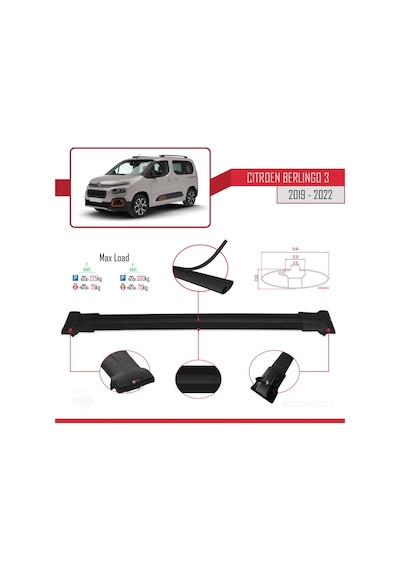 Citroen Berlingo 2019-2022 Arası İle Uyumlu Fly Model Ara Atkı Tavan Barı Siyah 3 Adet Bar