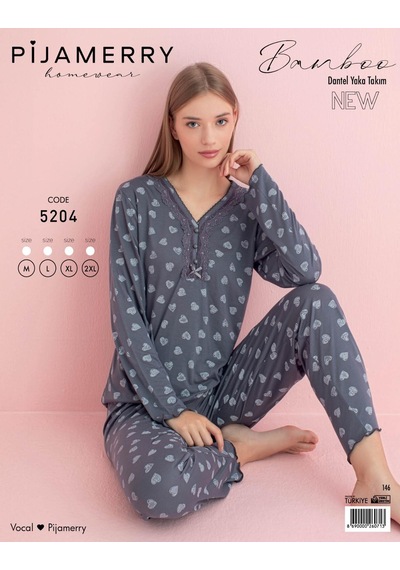Pijamerry Kadın Bambu Baharlık Dantel Yaka Uzun Kol İnce Pijama Takımı 5204f - 1 Adet Füme
