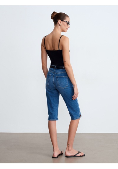 Dilvin 72311 Yırtmaçlı Denim Kapri-mavi
