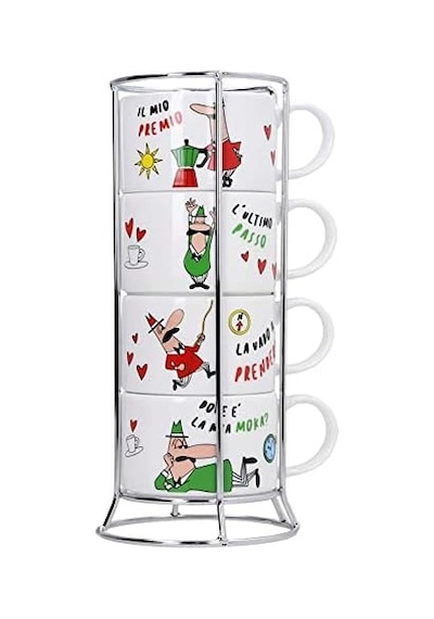 - 4'lü İstiflenebilir Cappuccino Fincan Seti - Karma Renkli - Porselen Acı Kahve