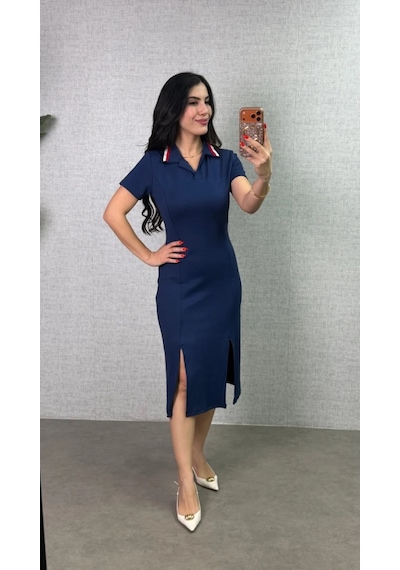 Dogutrend Kadın Polo Yaka Çift Yırtmaç Detay Modal Kumaş Midi Boy Elbise Mavi