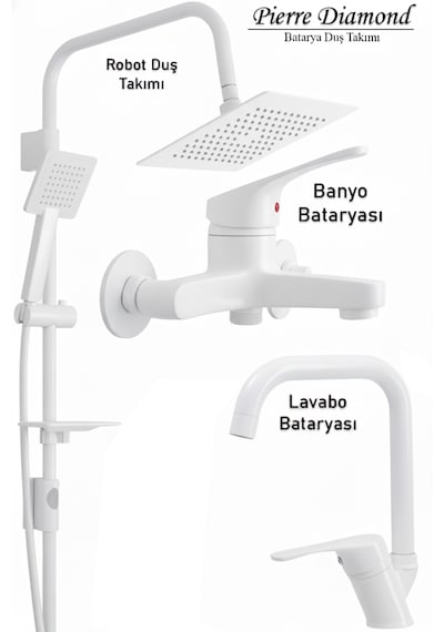 469845 Lavabo Banyo Bataryası Robot Duş Takımı Musluk Armatür Siyah Beyaz Krom Renk Beyaz