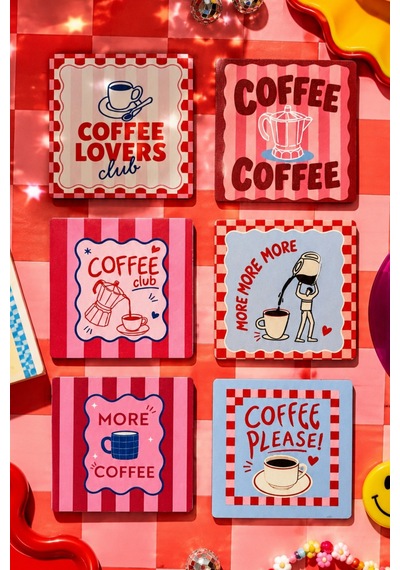 Coffee Time 6 Lı Kare Bardak Altlığı Seti, 9 Cm Mdf, 3 Mm, Uv Dijital Baskı Çok Renkli