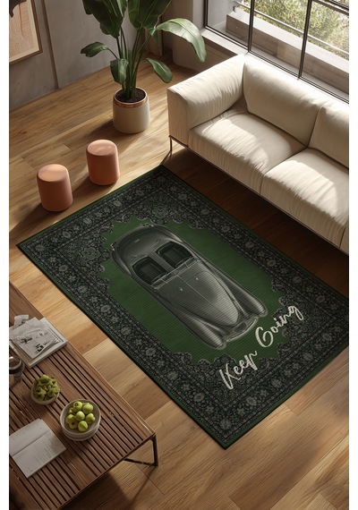 Retro 105 Yeşil Vintage Retro Araba Figürlü Makinede Yıkanabilir Halı Salon Oturma Ev Oda Halısı