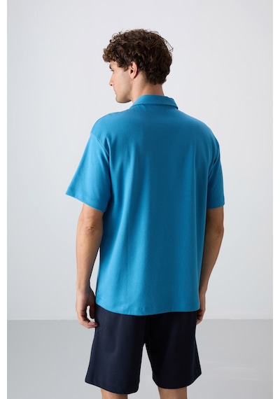 Tommy Life Petrol Mavi Pamuklu Kalın Yumuşak Dokulu Oversize Fit Basic Polo Yaka Erkek T-shirt - 88327 Petrol Mavi