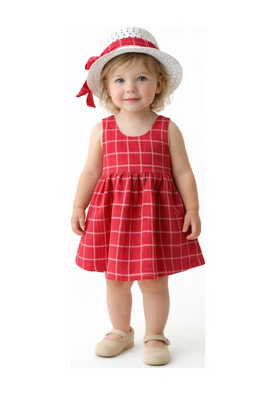Chicsy Baby Tatlı Kız Bebek Ekose Tarz Elbise Şapkalı Fiyonk Detaylı Yazlık 2 Li Kombin Kırmızı