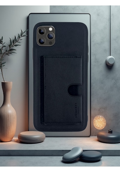 Kartlıklı Tutacaklı Apple Uyumlu iPhone Hakiki Deri Koruyucu Kılıf 13 Pro Max Siyah