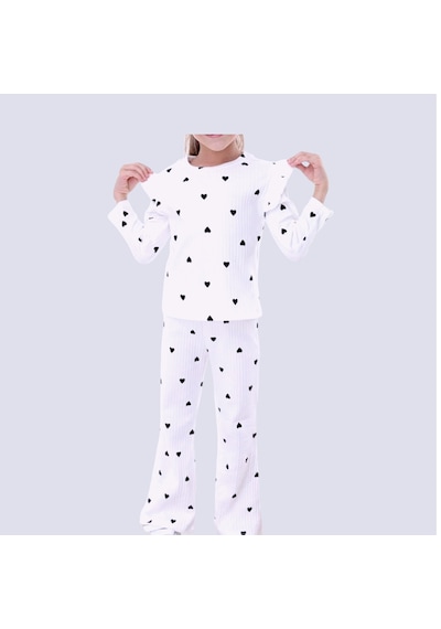 Yeni Sezon Kız Çocuk Fitilli Alt Üst Ekru Üzeri Kalp Desen Uzun Kol Pijama Takımı Fırfır Omuz Ekru