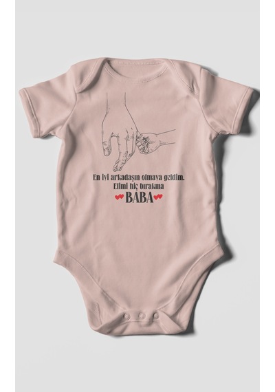 Babaya Özel Baskılı Bebek Zıbını Çıtçıtlı Body 8 Renk %100 Pamuk Kısa Kol Pastel Pembe