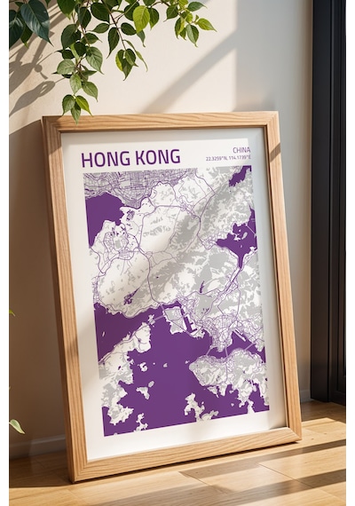 Hong Kong China Haritası Çerçeveli Tablo Lüks Salon Ofis Duvar Dekorasyonu Hediyelik Tablo Kayın