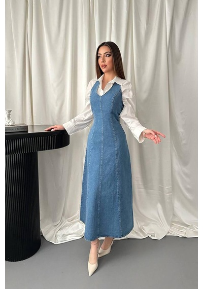 Duygudan Mavi Halter Yaka Jean Elbise - Mavi Çok Renkli