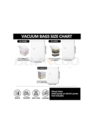 Giyim İçin Vakumlu Mühür Torbaları Yükseltilmiş Kalınlaştırılmış 6'li Paket 2 Jumbo 2 Büyük 2 Orta Vakum