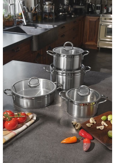 Hisar Orion İndüksiyon Tabanlı 8 Parça Çelik Tencere Seti Inox