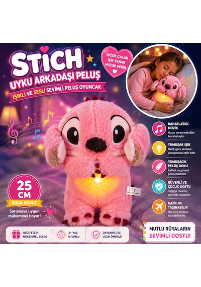 Stich Uyku Arkadaşı Peluş 25 Cm Işıklı Ve Sesli Sevimli Peluş Oyuncak Pembe