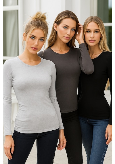 Kadın Gri Melanj-füme-siyah 3'lü Paket Bisiklet Yaka Uzun Kollu Body Gri Melanj-füme-siyah