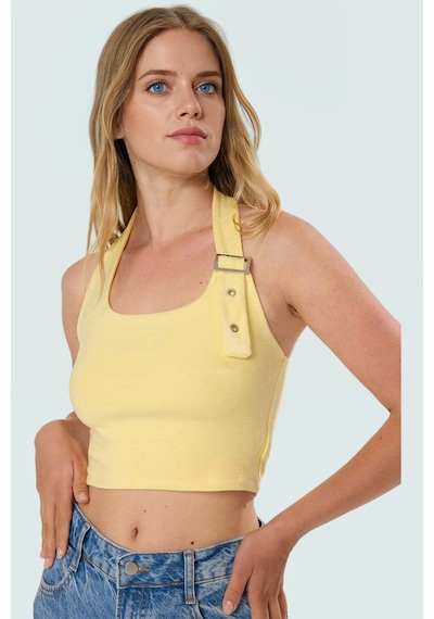 Ersefa Fitted Kalıp Viskoz Ribana Crop Bluz Boyundan Bağlamalı Yaka Günl Açık Sarı