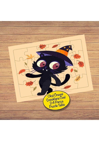 Hallowen Siyah Kedi 24 Parça Çocuklara Özel Yapboz Tablo-7925913