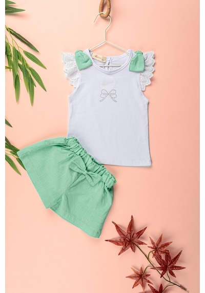 Novy Baby Fiyonklu Taş Baskılı Tshirt Şortlu Kız Çocuk 2'li Takım 2-5 Yaş