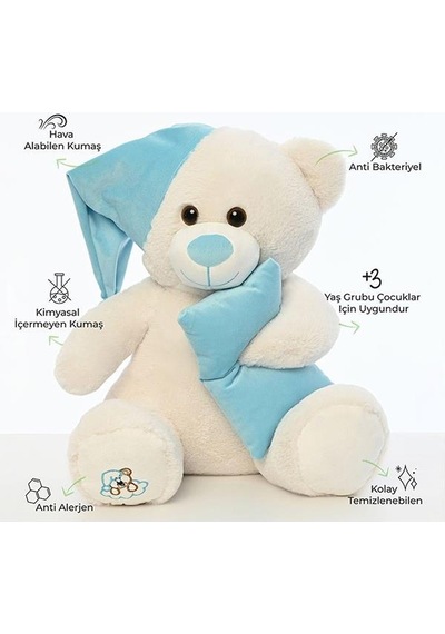 Pufu Toys Pelüş Uyku Arkadaşım Ayıcık 60 Cm Beyaz Mavi 03007 Krem