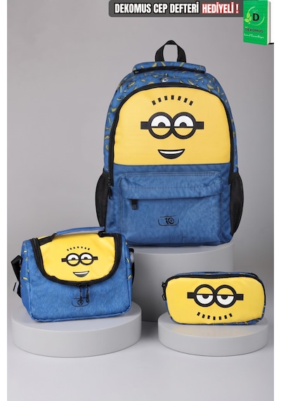 X Dekomus , Lisanslı Minions Banana Mood Collection Büyük Boy Okul,termoslu Beslenme Ve Kalem Çantası Seti Altın