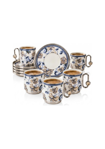 6 Kişilik Lüks Porselen Gümüş Yaldızlı Fincan Takımı Silver Karışık Çok Renkli