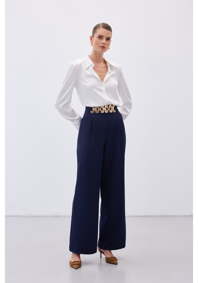 Sateen Kemerli Salaş Pantolon - Lacivert-136534 Lacivert