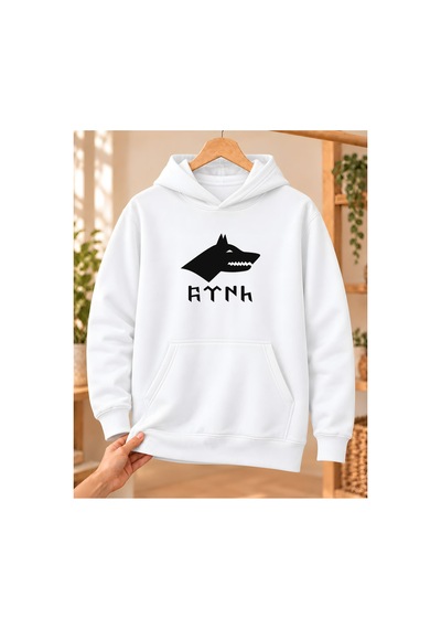 Mor Mürekkep Kadın Bozkurt Silüeti Ve Göktürk Yazısı Baskılı Kapüşonlu Sweatshirt - Beyaz